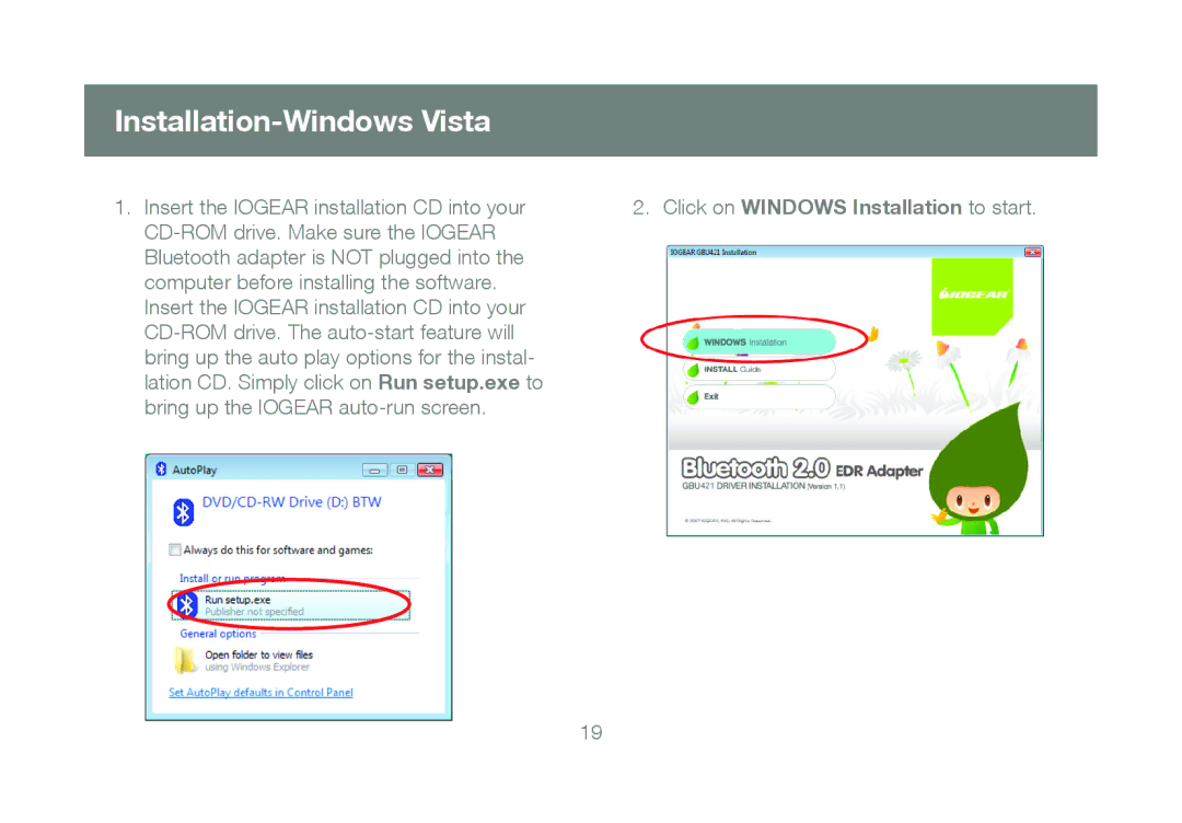 IOGear GBU421 manual Installation-Windows Vista, Click on Windows Installation to start 