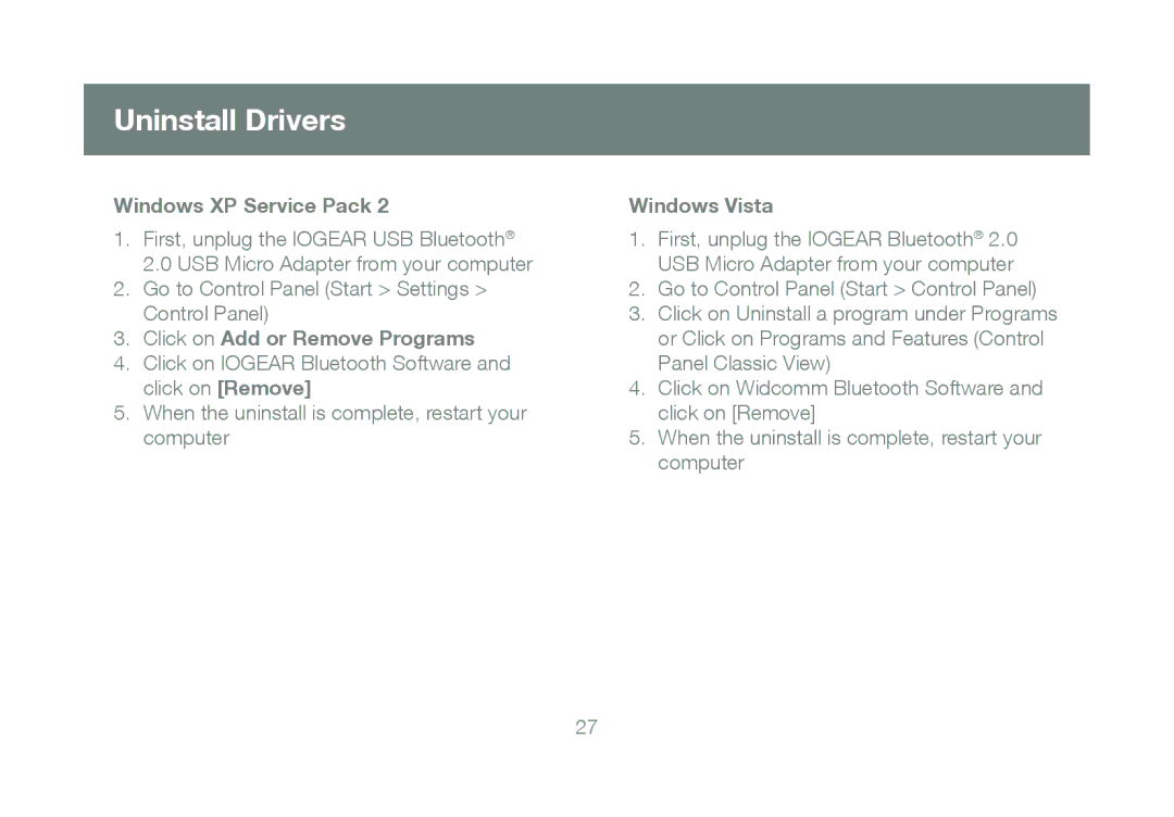 IOGear GBU421 manual Uninstall Drivers, Windows XP Service Pack, Click on Add or Remove Programs, Windows Vista 