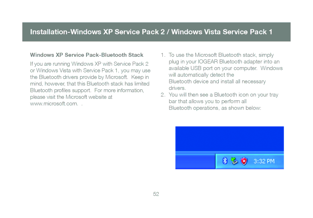 IOGear GBU421 manual Windows XP Service Pack-Bluetooth Stack 