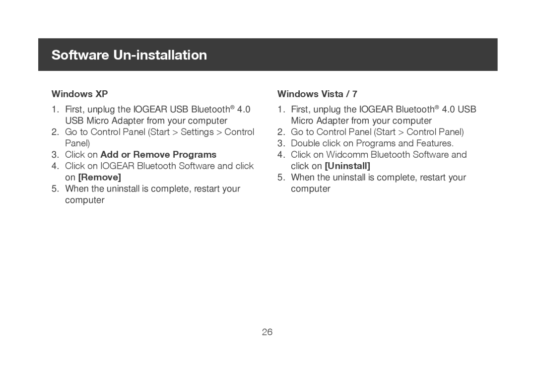 IOGear GBU521 manual Software Un-installation, Windows XP 