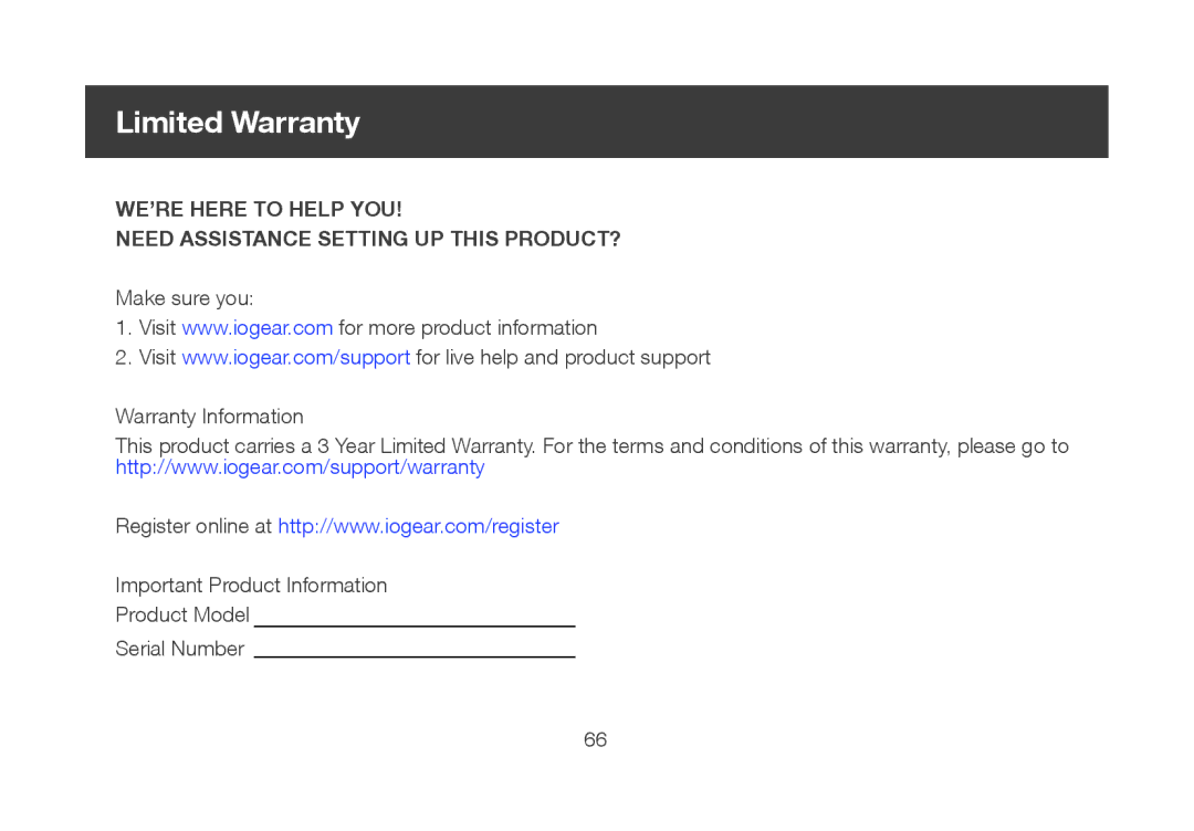 IOGear GBU521 manual Limited Warranty 