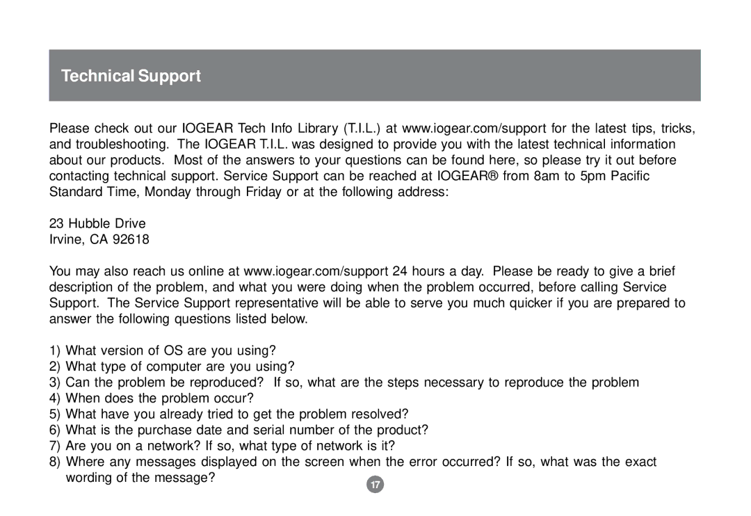 IOGear GCE700 user manual Technical Support 