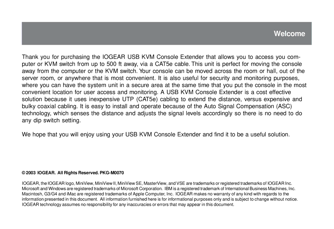 IOGear GCE700 user manual Welcome, IOGEAR. All Rights Reserved. PKG-M0070 