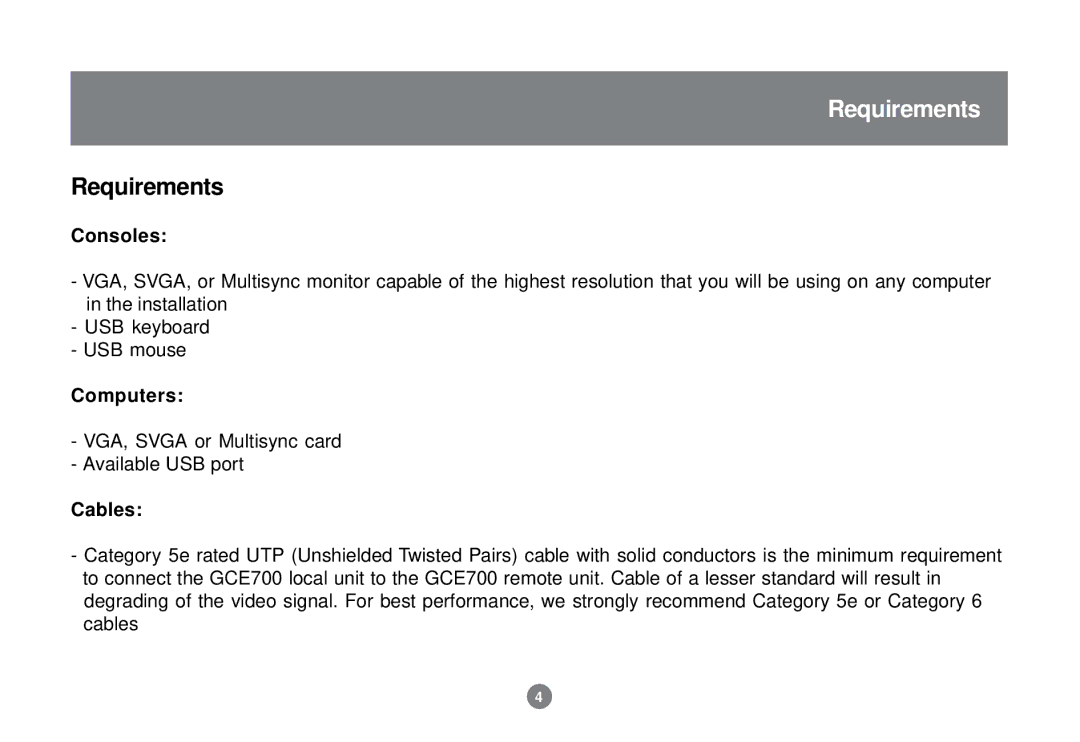 IOGear GCE700 user manual Requirements, Consoles, Computers, Cables 