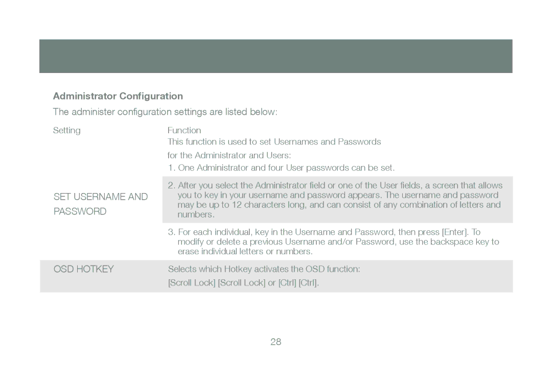 IOGear GCE800W6 manual Administrator Configuration, SET Username and Password OSD Hotkey 