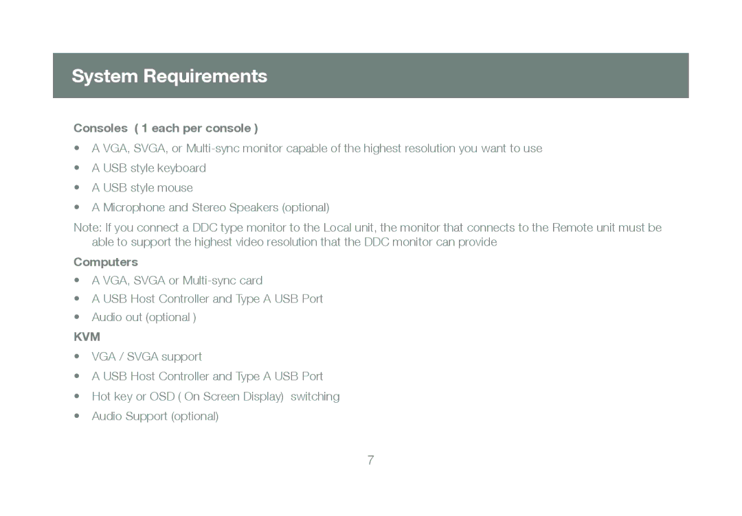 IOGear GCE800W6 manual System Requirements, Consoles 1 each per console, Computers 