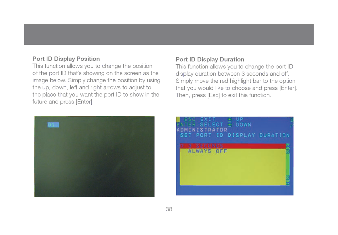 IOGear GCL1816, GCL1808 manual Port ID Display Position, Port ID Display Duration 