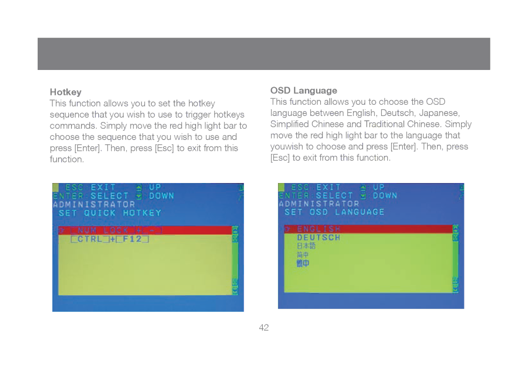 IOGear GCL1816, GCL1808 manual Hotkey, OSD Language 