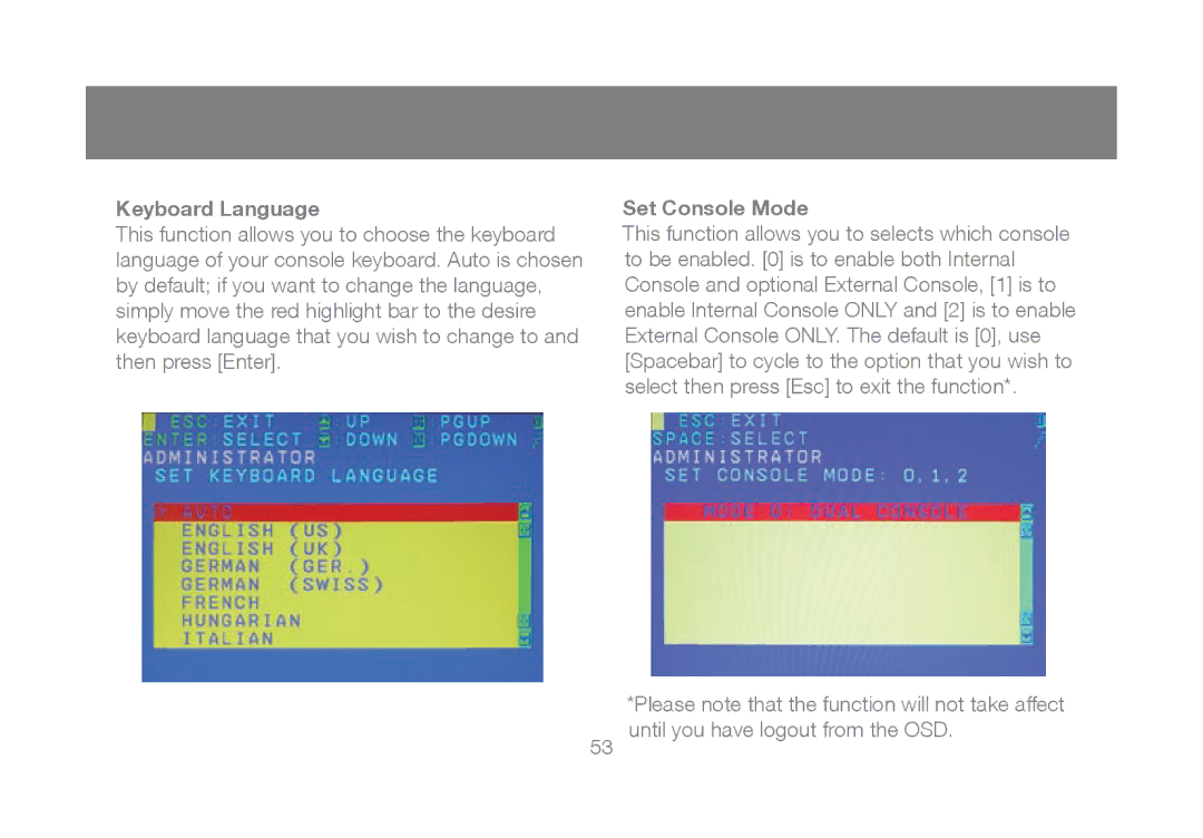 IOGear GCL1808, GCL1816 manual Keyboard Language, Set Console Mode 