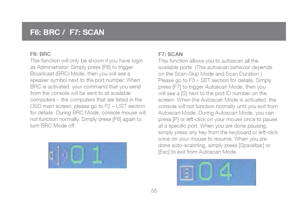 IOGear GCL1808, GCL1816 manual F6 BRC / F7 Scan 