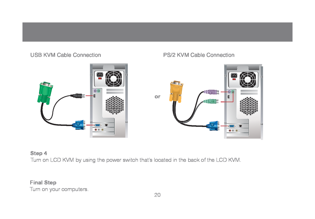 IOGear GCL1816, GCL1808 manual USB KVM Cable Connection, PS/2 KVM Cable Connection, or Step, Final Step 