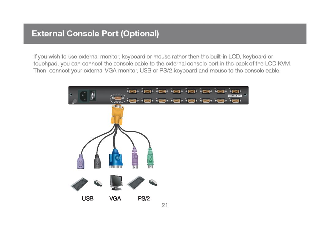 IOGear GCL1808, GCL1816 manual External Console Port Optional, USB VGA PS/2, PS/2-USB CPU 