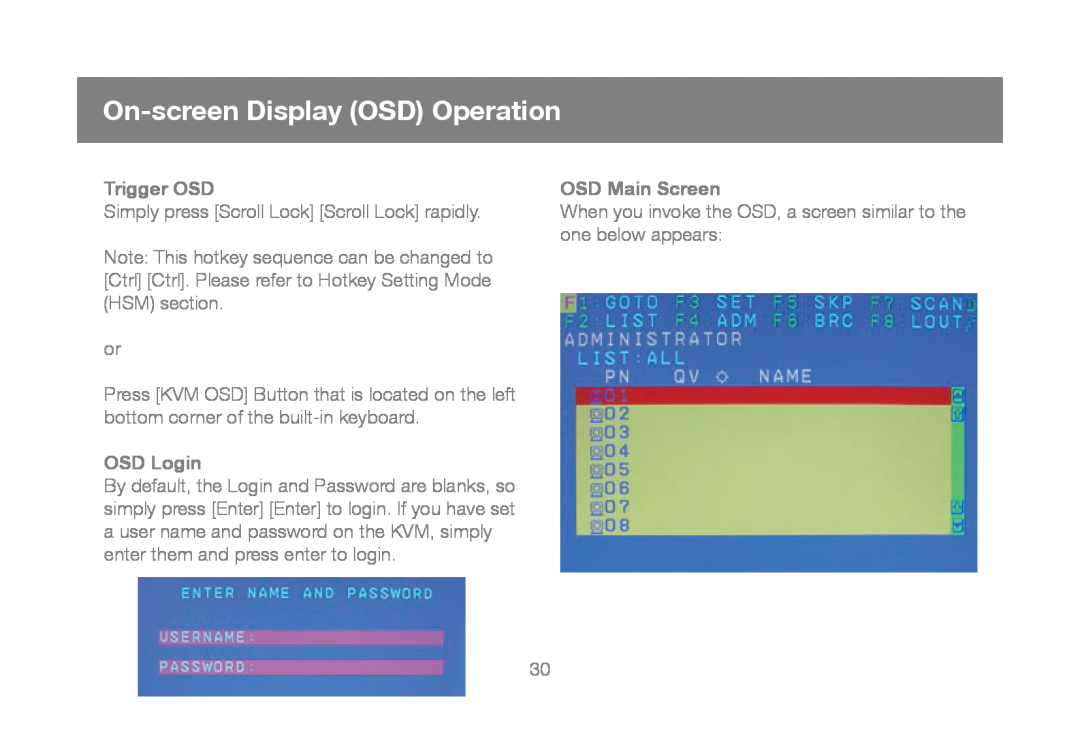 IOGear GCL1816, GCL1808 manual On-screen Display OSD Operation, Trigger OSD, OSD Login, OSD Main Screen 