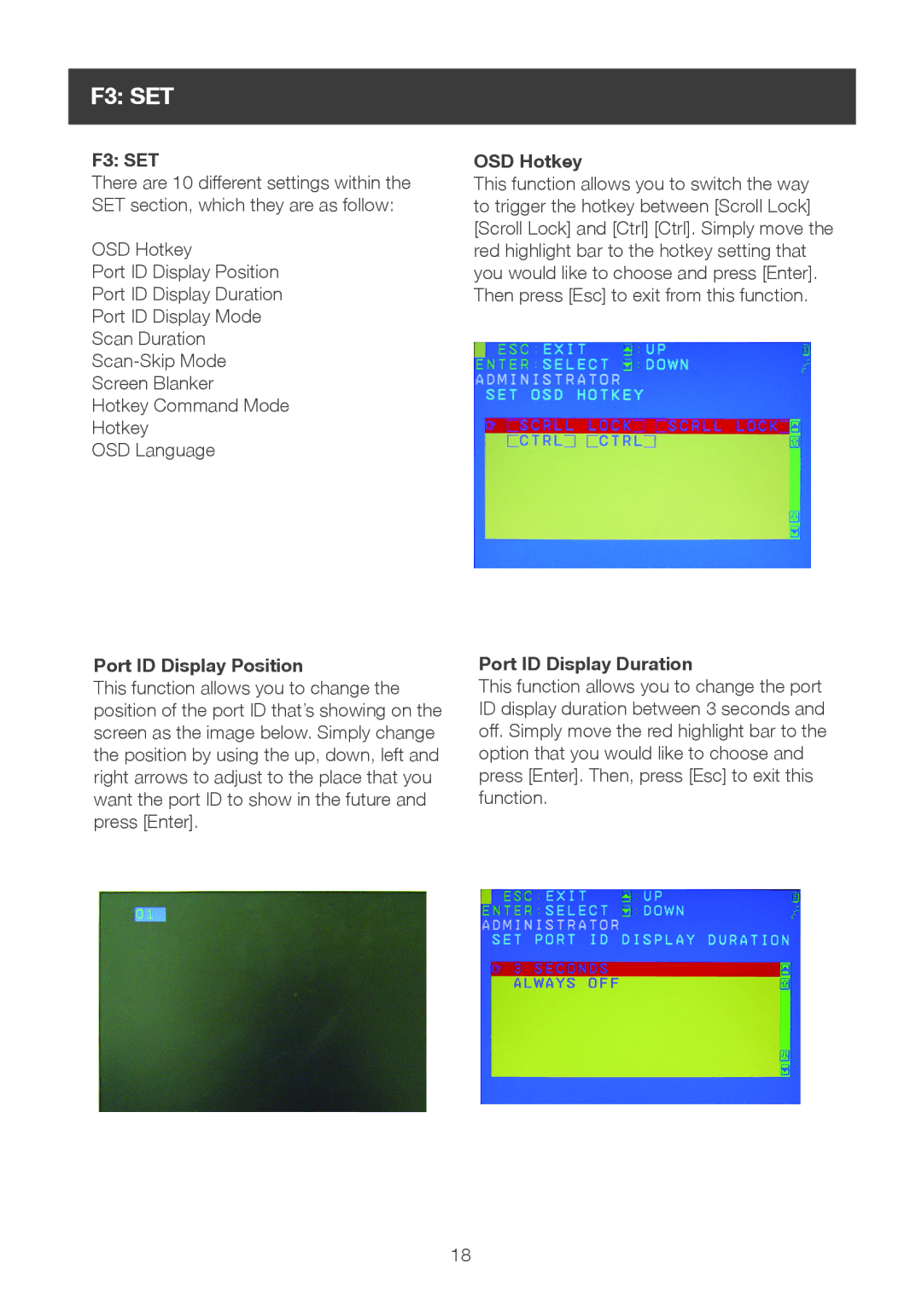 IOGear GCS1108 user manual F3 SET, Port ID Display Position, OSD Hotkey, Port ID Display Duration 