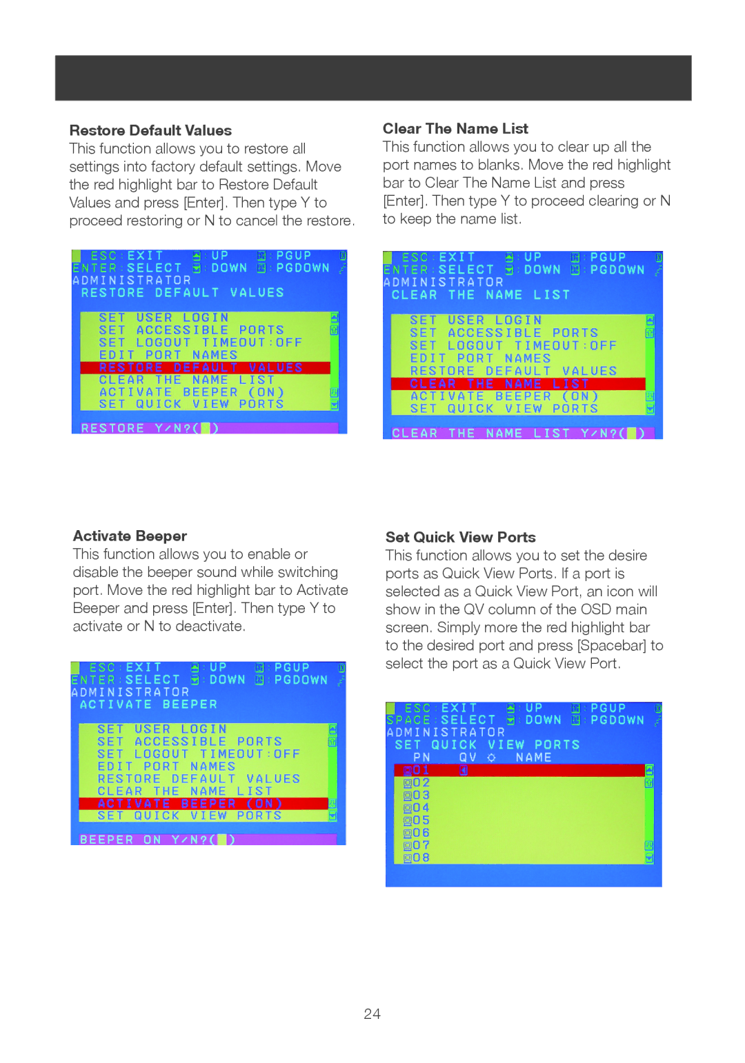 IOGear GCS1108 user manual Restore Default Values, Activate Beeper, Clear The Name List, Set Quick View Ports 