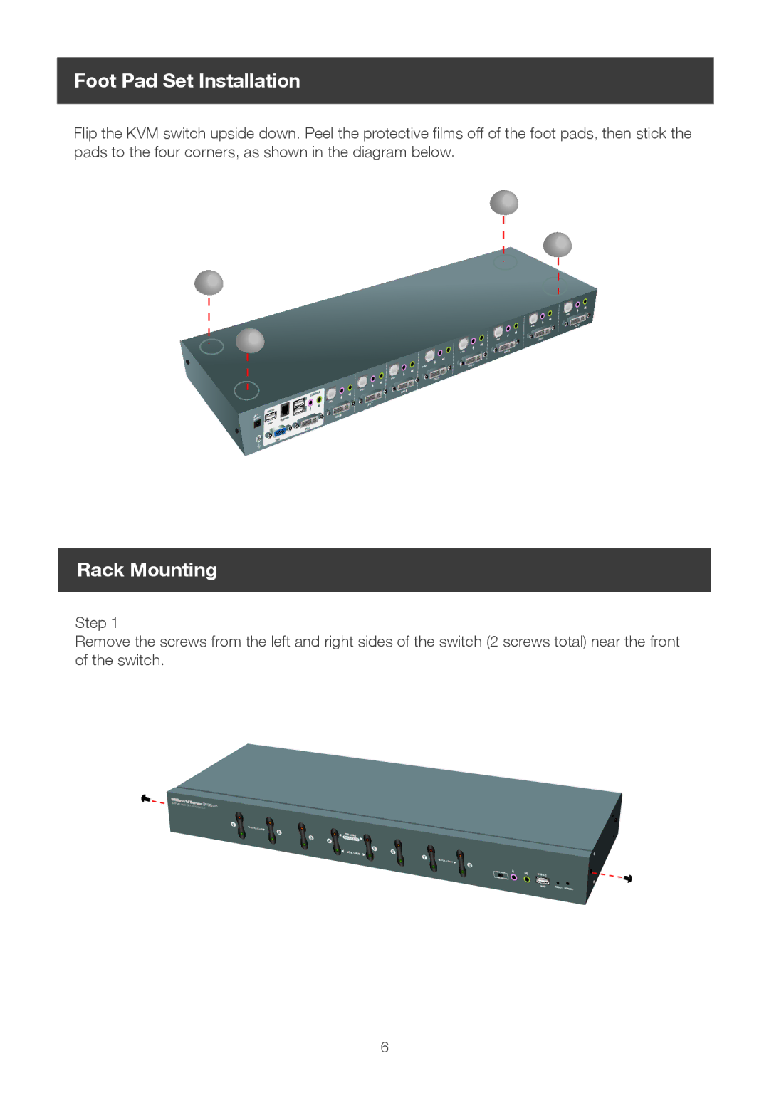 IOGear GCS1108 user manual Foot Pad Set Installation, Rack Mounting 