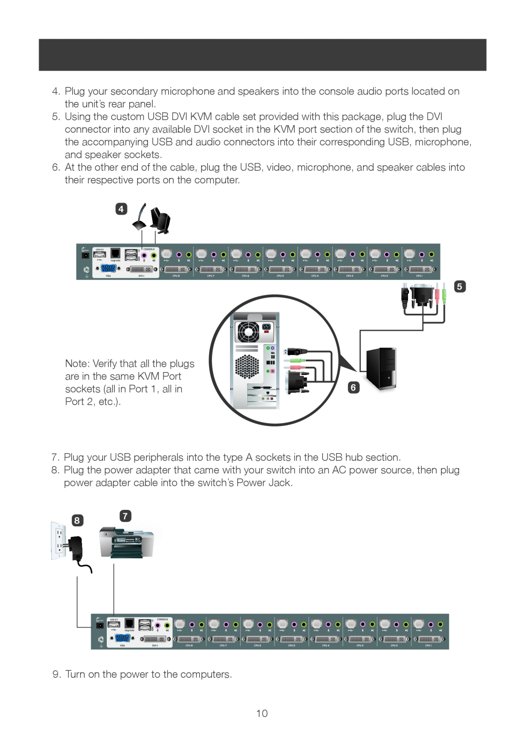 IOGear GCS1108 Note Verify that all the plugs, are in the same KVM Port, sockets all in Port 1, all in, Port 2, etc 