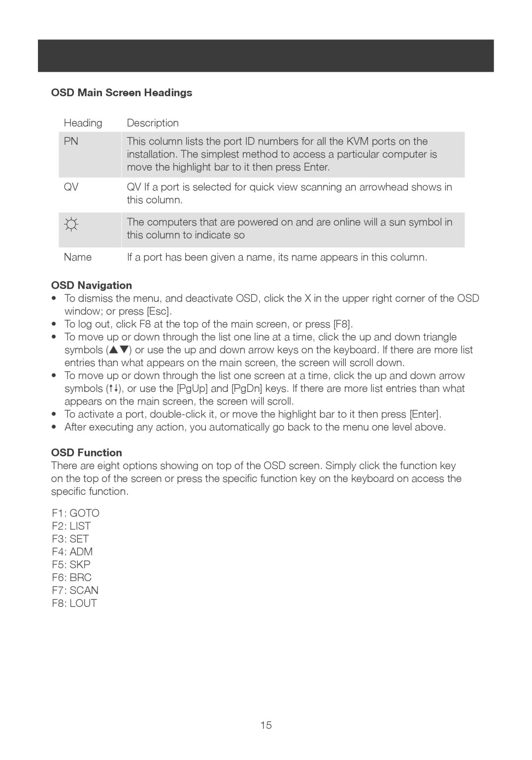 IOGear GCS1108 user manual OSD Main Screen Headings, OSD Navigation, OSD Function 