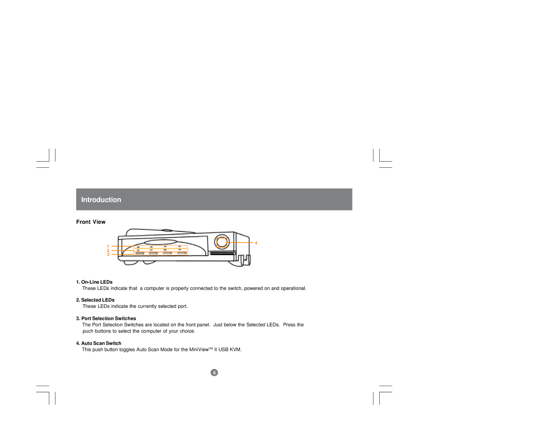 IOGear GCS124U installation manual Front View, On-Line LEDs, Selected LEDs, Port Selection Switches, Auto Scan Switch 