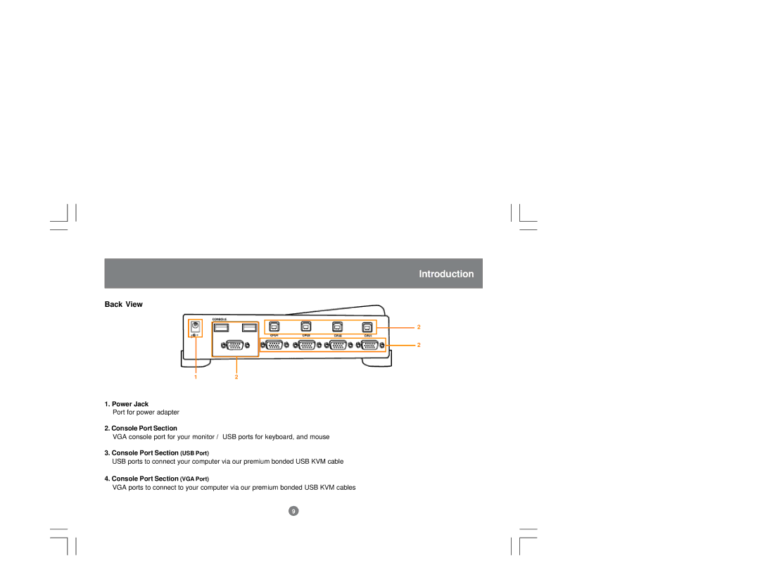 IOGear GCS124U installation manual Back View, Power Jack, Console Port Section USB Port, Console Port Section VGA Port 