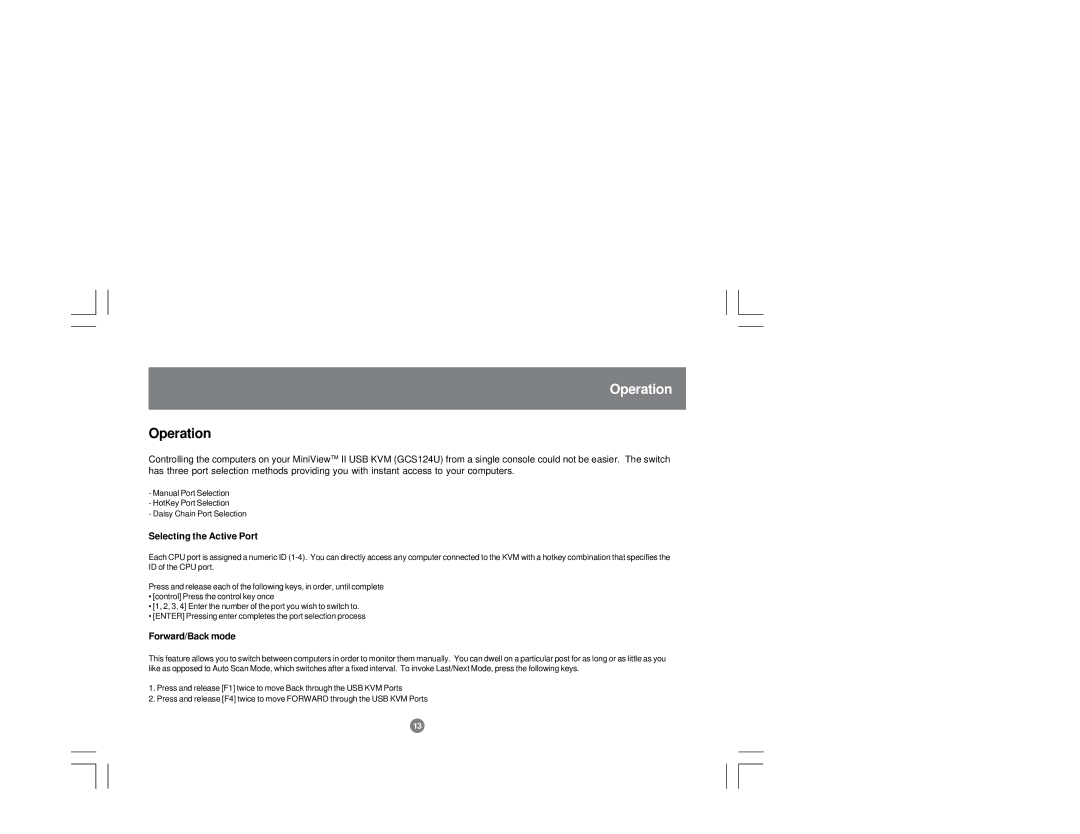 IOGear GCS124U installation manual Operation, Selecting the Active Port, Forward/Back mode 