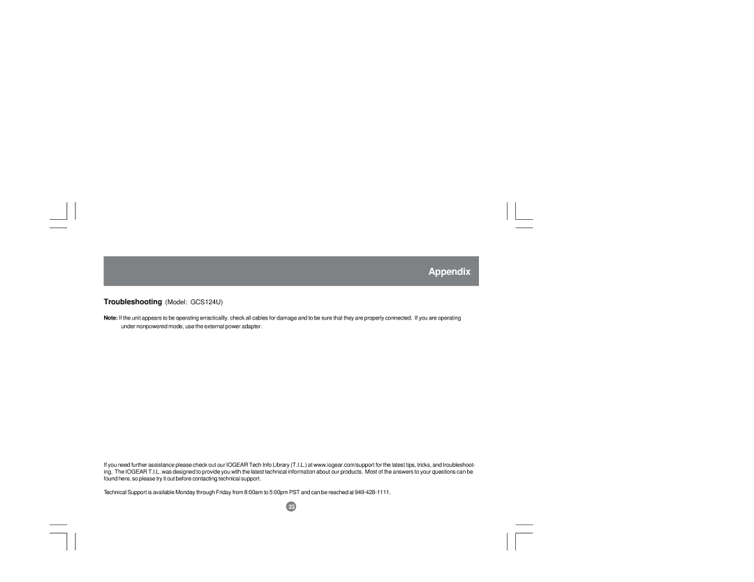 IOGear installation manual Troubleshooting Model GCS124U 