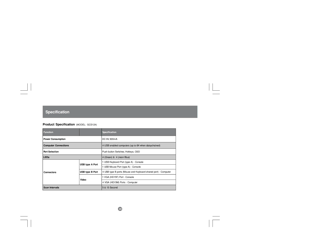 IOGear GCS124U installation manual Product Specification Model GCS124 