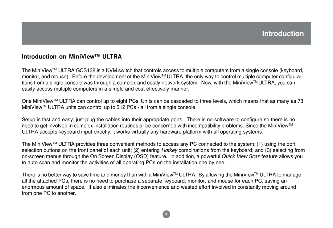 IOGear GCS138 installation manual Introduction on MiniViewTM Ultra 