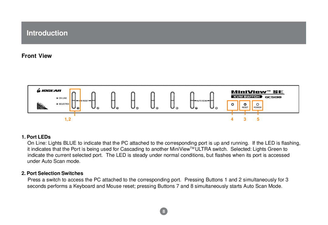 IOGear GCS138 installation manual Front View, Port LEDs, Port Selection Switches 