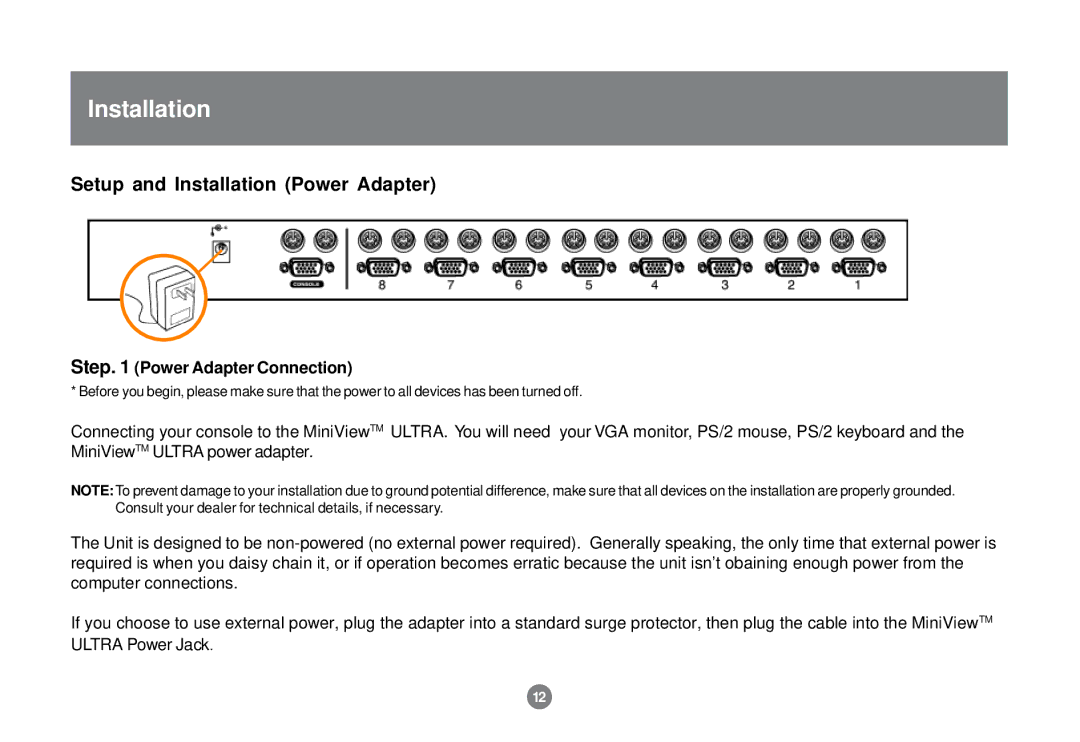 IOGear GCS138 installation manual Setup and Installation Power Adapter, Step Power Adapter Connection 