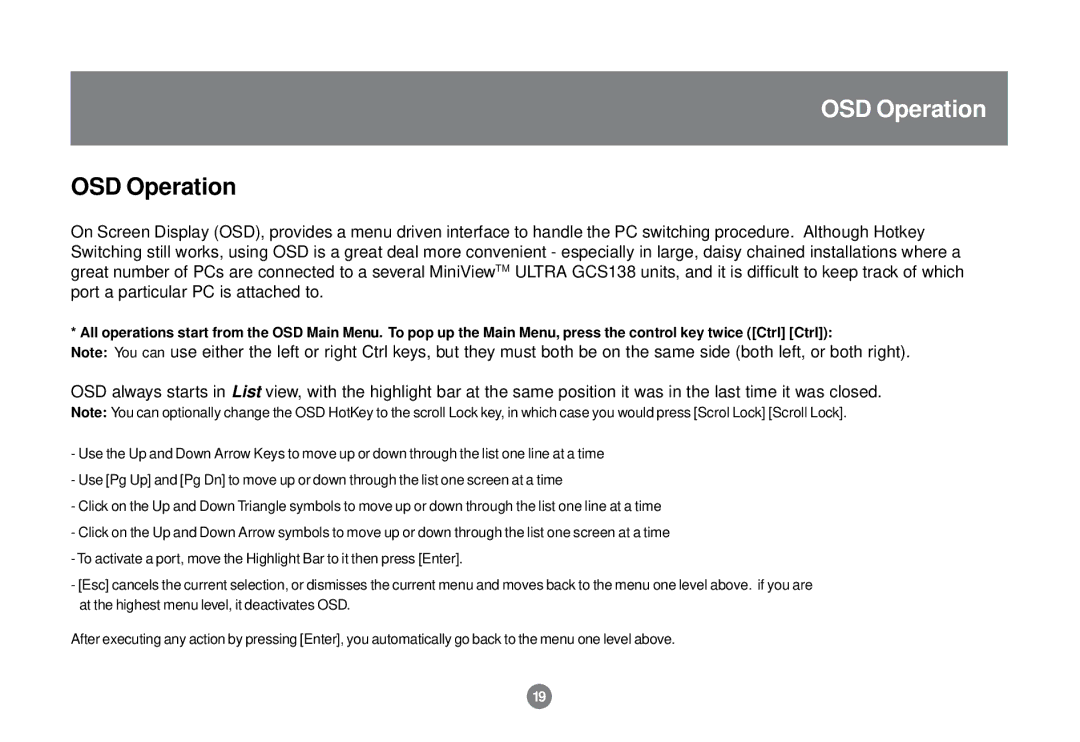 IOGear GCS138 installation manual OSD Operation 