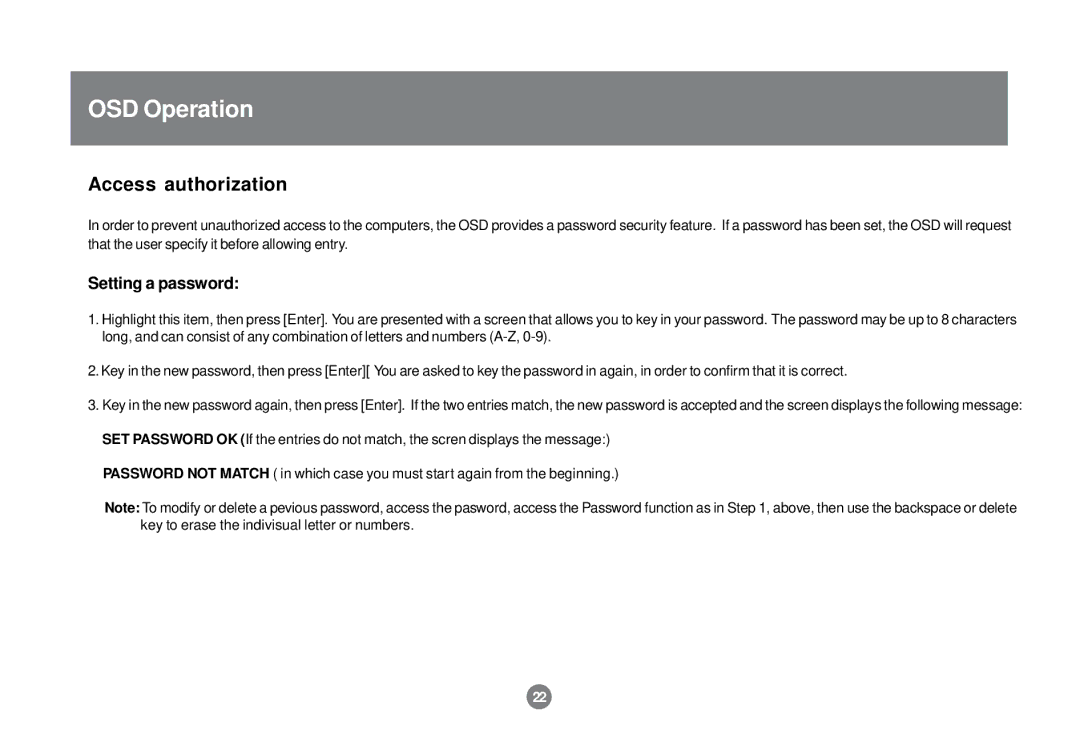 IOGear GCS138 installation manual Access authorization, Setting a password 