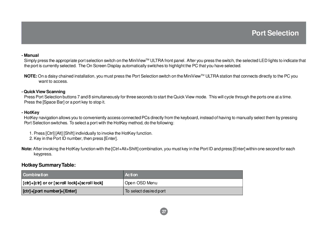 IOGear GCS138 installation manual Hotkey SummaryTable, Manual, Quick View Scanning, HotKey 