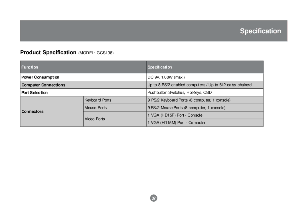 IOGear installation manual Product Specification Model GCS138 