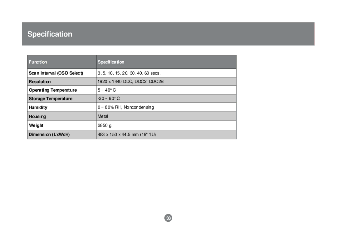 IOGear GCS138 Scan Interval OSD Select, Resolution, Operating Temperature, Storage Temperature, Humidity, Housing, Weight 