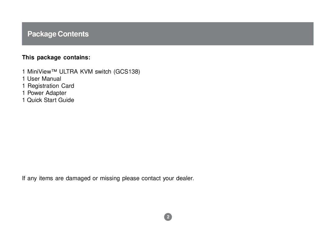 IOGear GCS138 installation manual Package Contents 