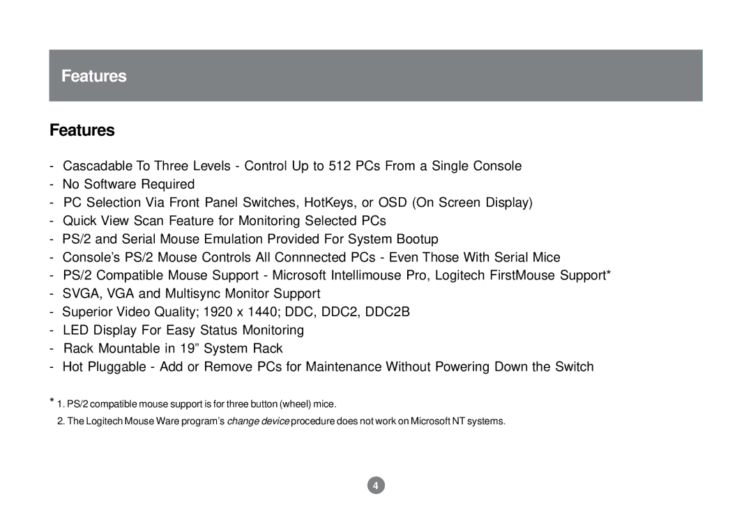 IOGear GCS138 installation manual Features 