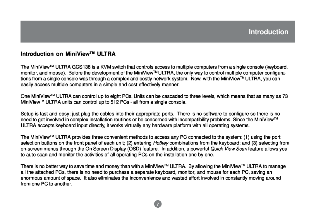 IOGear GCS138 installation manual Introduction on MiniViewTM ULTRA 