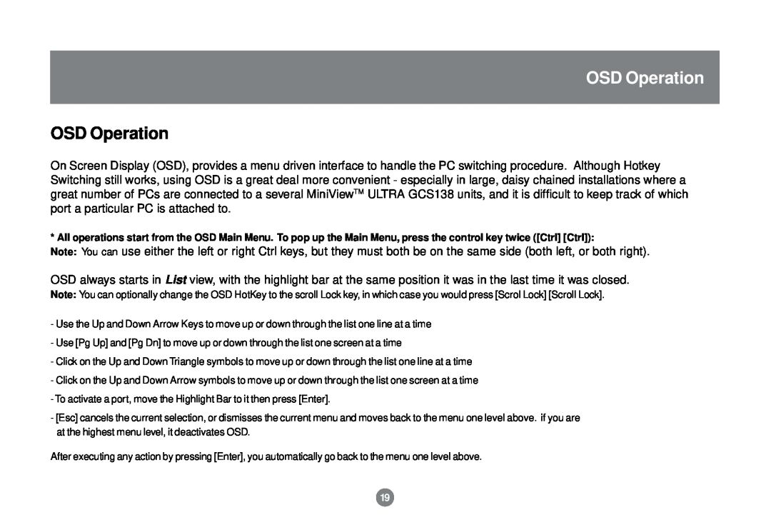 IOGear GCS138 installation manual OSD Operation 