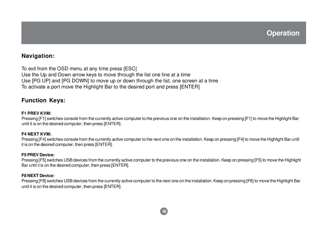 IOGear GCS1712 user manual Navigation, Function Keys 