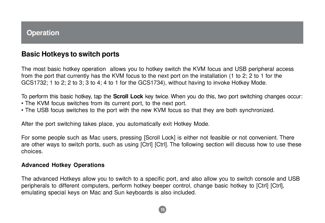 IOGear GCS1732 user manual Basic Hotkeys to switch ports, Advanced Hotkey Operations 