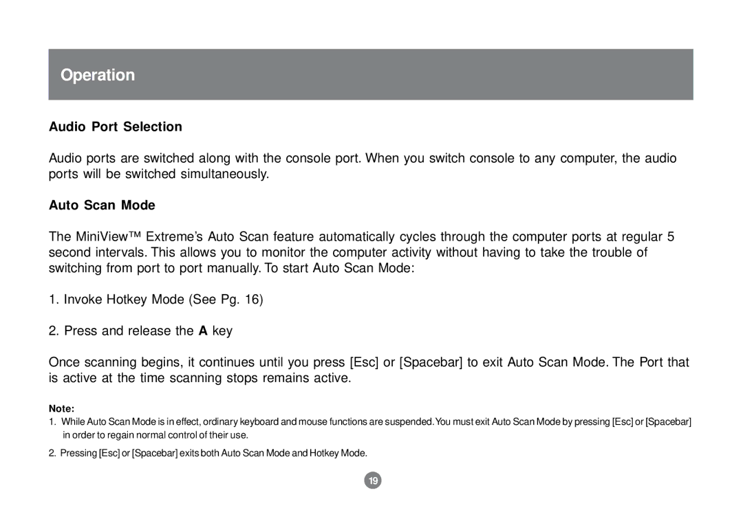 IOGear GCS1732 user manual Audio Port Selection, Auto Scan Mode 