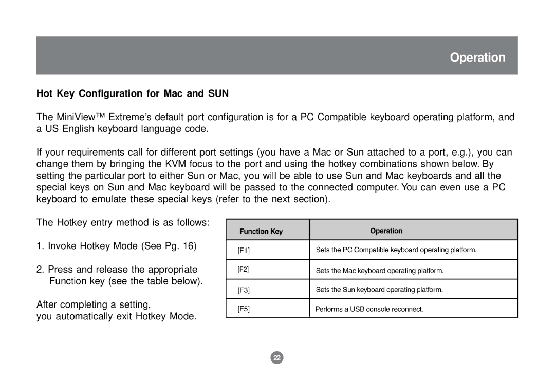 IOGear GCS1732 user manual Hot Key Configuration for Mac and SUN 