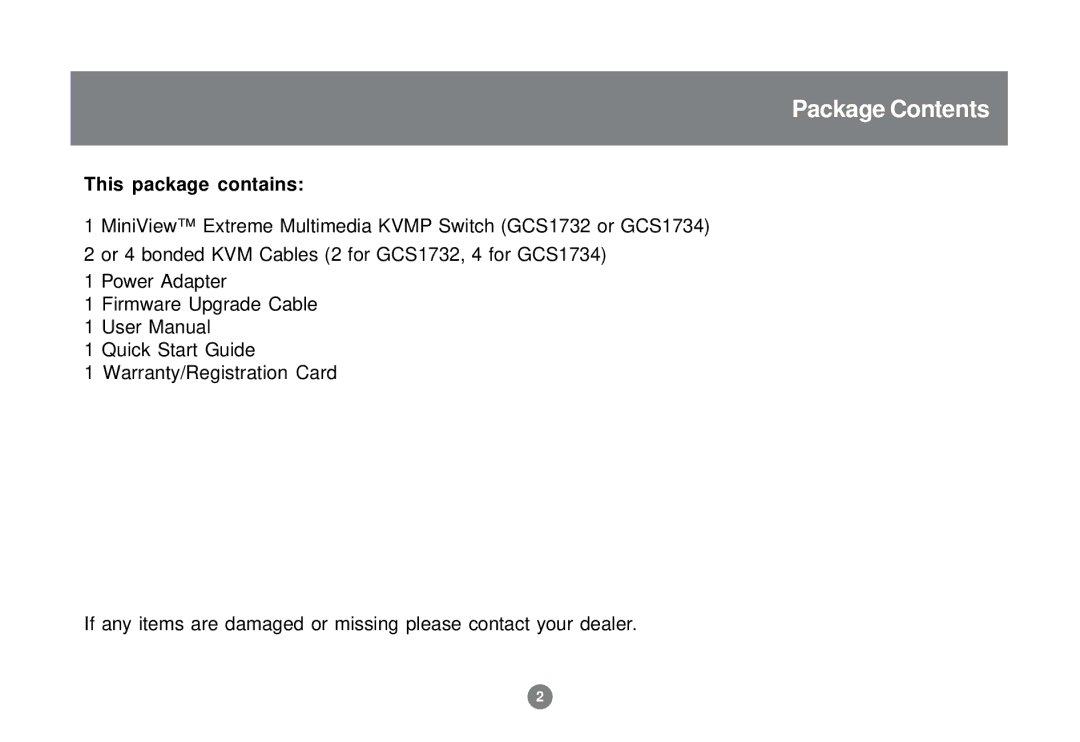 IOGear GCS1732 user manual Package Contents 