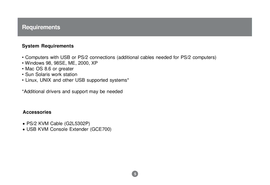 IOGear GCS1732 user manual System Requirements, Accessories 