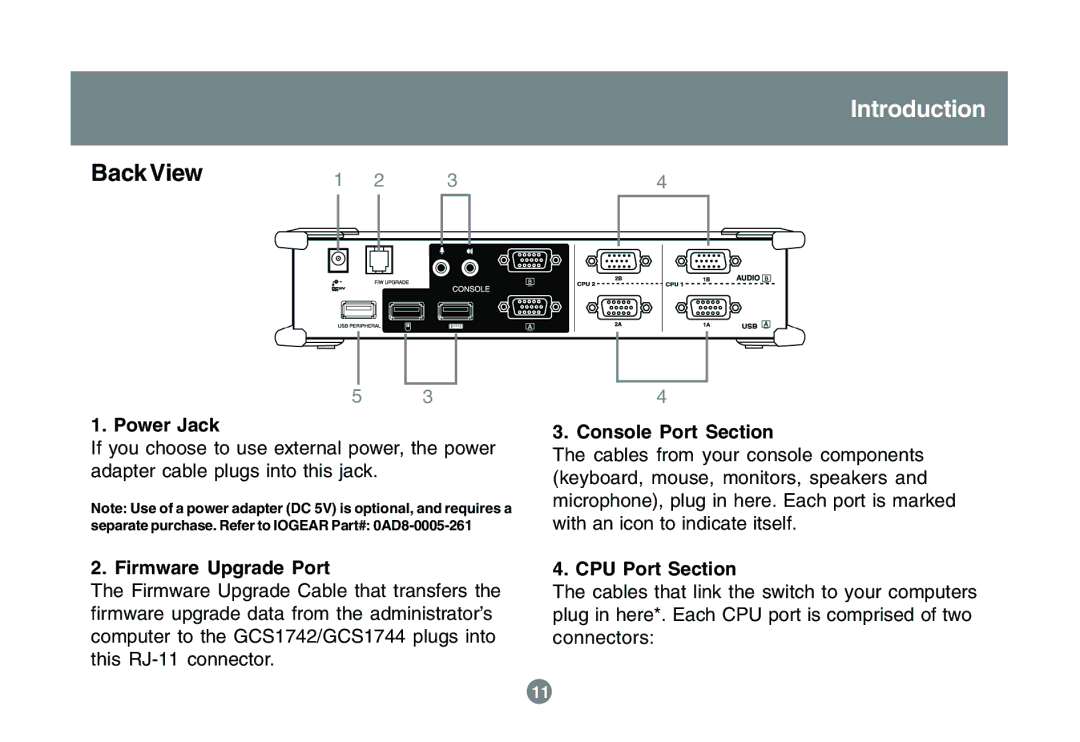 IOGear GCS1742 user manual Power Jack, Firmware Upgrade Port, Console Port Section, CPU Port Section 