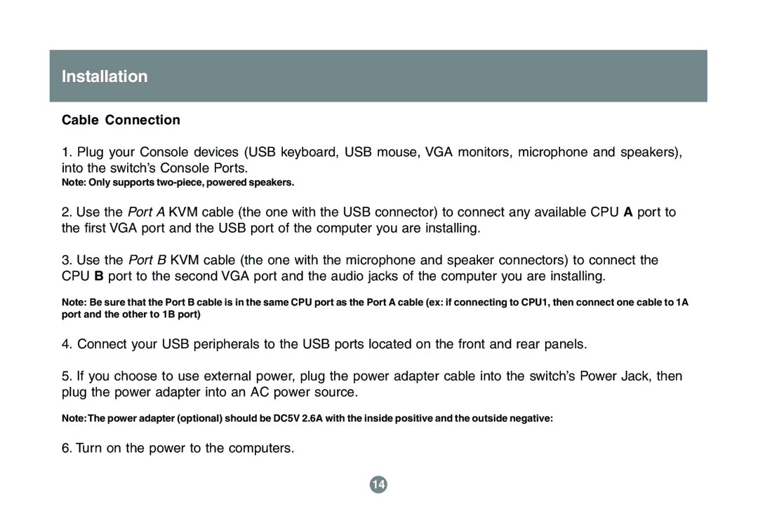 IOGear GCS1742 user manual Cable Connection 