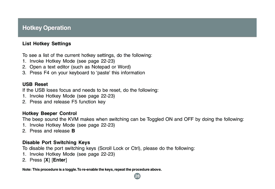 IOGear GCS1742 user manual List Hotkey Settings, USB Reset, Hotkey Beeper Control, Disable Port Switching Keys 