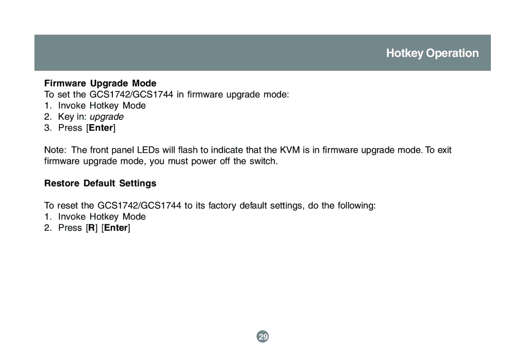 IOGear GCS1742 user manual Firmware Upgrade Mode, Restore Default Settings 