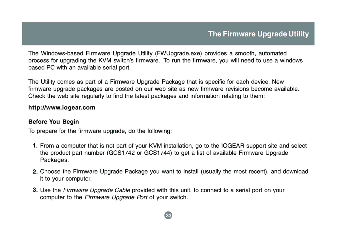 IOGear GCS1742 user manual Firmware Upgrade Utility, Before You Begin 
